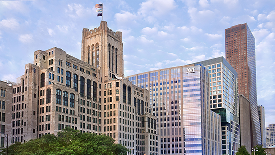 Aerial view of Northwestern Memorial buildings on the Chicago campus